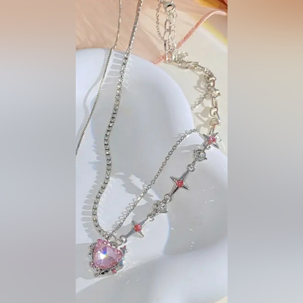 Punk Fashion Beautiful Pink Crystal Heart Shape Ladies Pendant Necklace - Picture 2 of 8